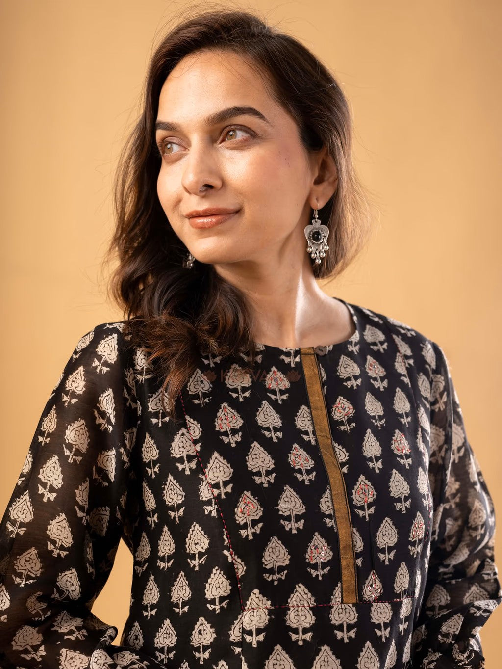 Urvi Chanderi Black Handblock Short Kurti
