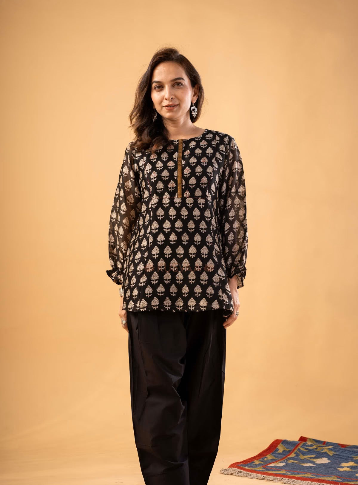 Urvi Chanderi Black Handblock Short Kurti
