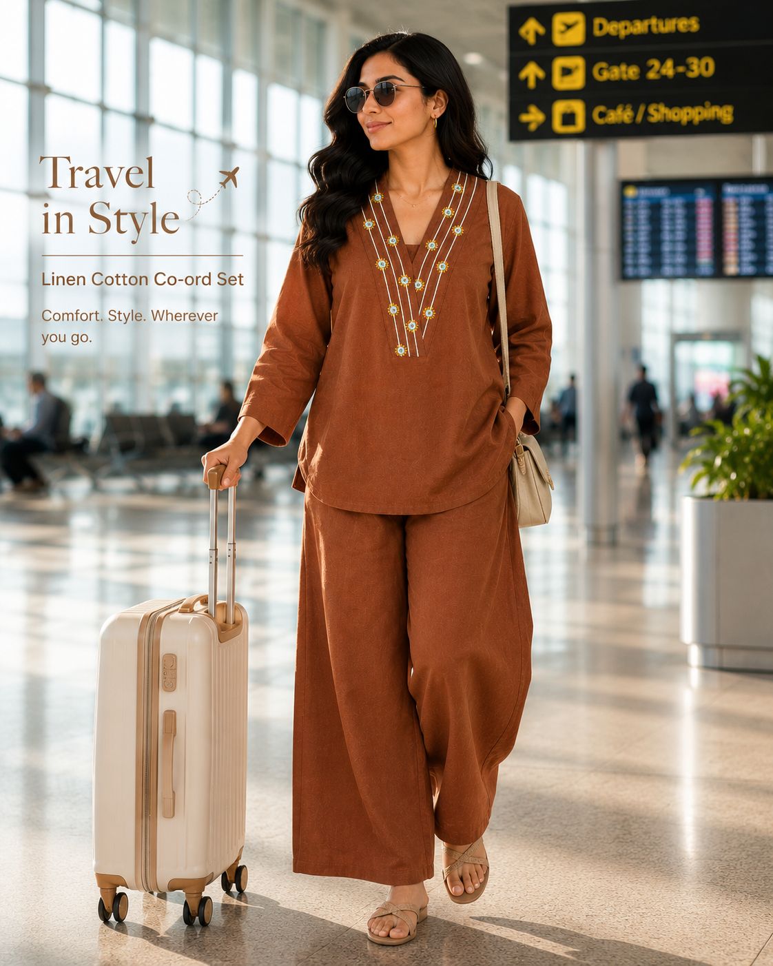 Black Beads Rust Brown Cotton-Linen Co-Ord Set