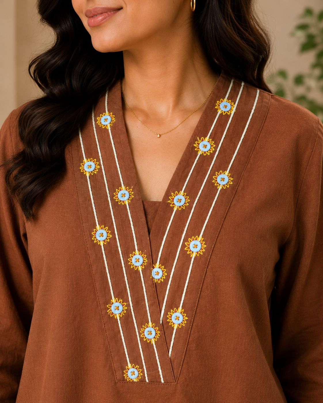 Black Beads Rust Brown Cotton-Linen Co-Ord Set